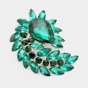Green Glass Crystal Marquise Cluster Silver Brooch